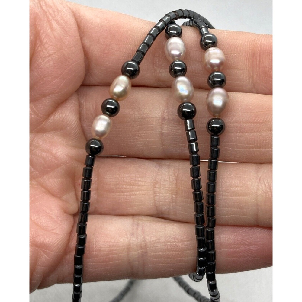 Vintage Hematite & Pearl Beaded 18'' Necklace 6.75'' Bracelet 10.5''‎ Anklet Set